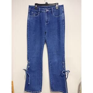 Peace Bird Flare Bottom High Rise Tie Denim Jeans Size Large 29" waist